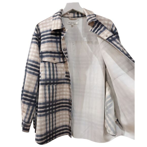 Workshop Republic Clothing Oversized Cream & Blue Plaid Faux Leather Shacket S - Picture 5 of 9